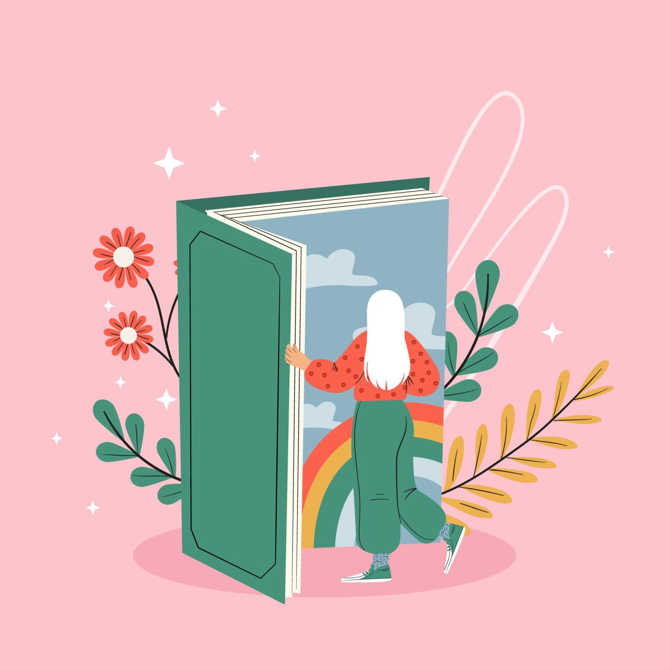 An illustration of a woman walking into a giant green book, on a pink background surrounded by flowers.